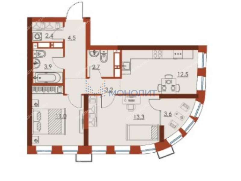 двухкомнатная квартира в новостройке на улице Октябрьской Революции