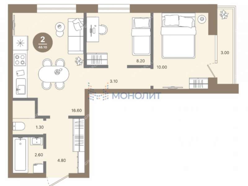 двухкомнатная квартира в новостройке на Красноуральской улице