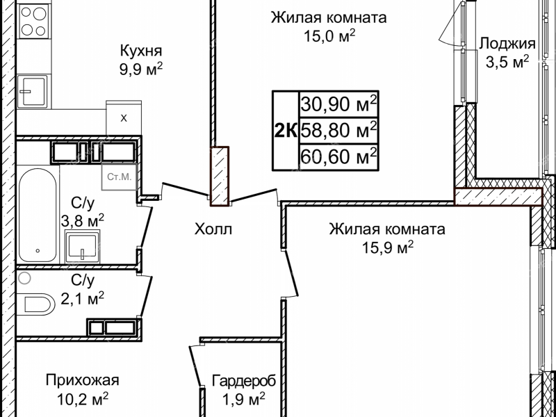 двухкомнатная квартира в новостройке в ЖК Новое Ольгино, дом 1
